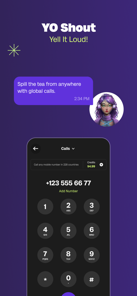 Global YO: eSIM+ & Travel Data - Interfaz YO Shout de la aplicación Global YO para realizar llamadas internacionales desde cualquier lugar.