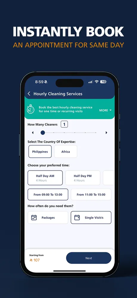 Jawahr - Domestic workforce - Interface of the Jawahr mobile app showing options to book hourly domestic cleaning services including number of cleaners and preferred time slots.