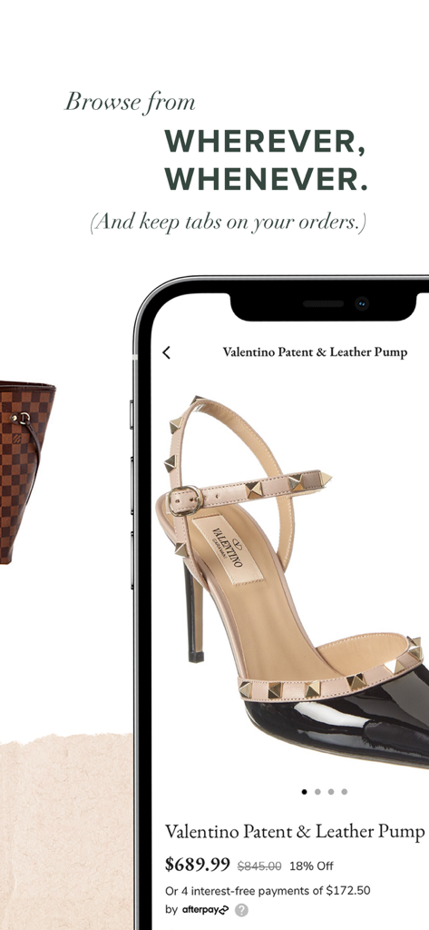 Rue La La Mobile-App-Oberfläche zeigt einen Valentino-Pumps aus Lackleder mit Rabattpreisen und Ratenzahlungsoptionen.