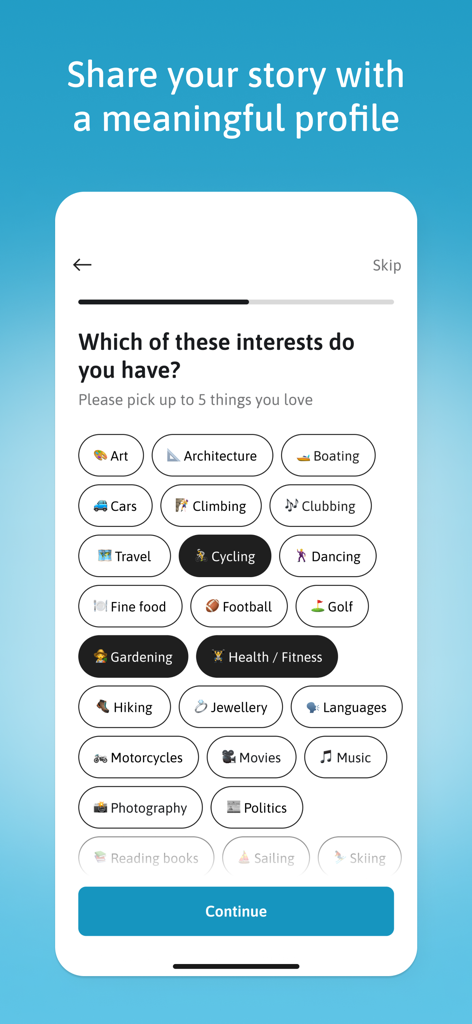 The interest selection screen of the LDS Singles dating app for building a meaningful user profile.