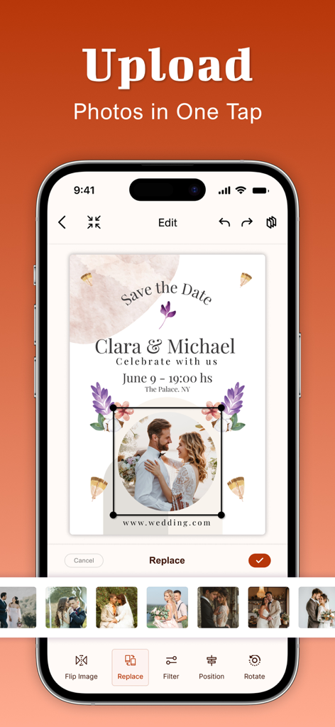 Invitation Maker-RSVP,Greeting - Pantalla móvil que muestra cómo subir y reemplazar una foto de pareja en una invitación de "Save the Date" de boda