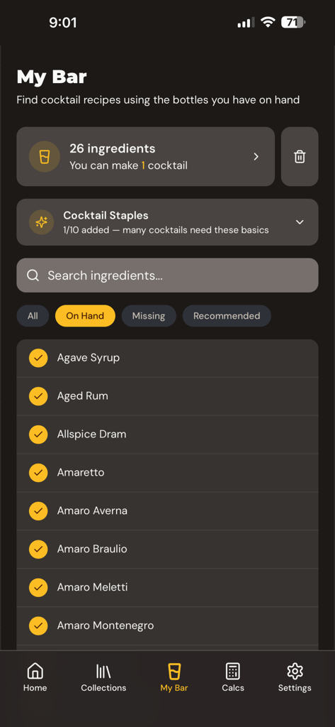 Cocktails by Steve - My Bar screen in the Cocktails by Steve app showing a checklist of cocktail ingredients on hand.