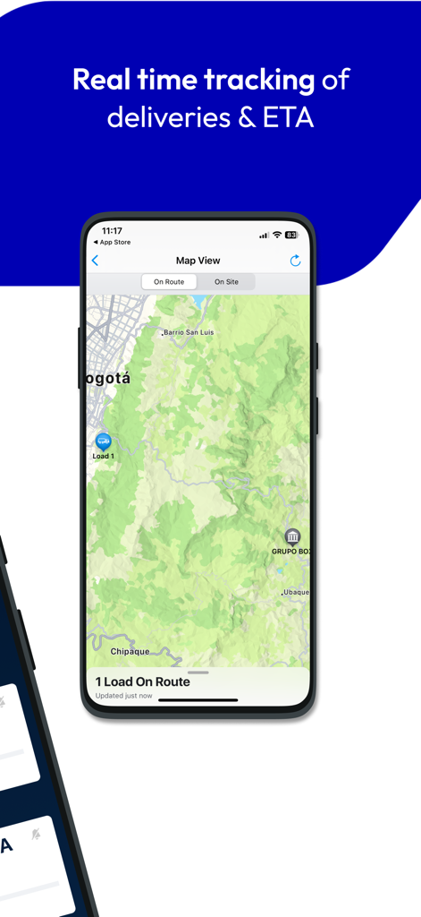 Map view showing real time tracking of deliveries and estimated time of arrival in the CEMEX Go Track app