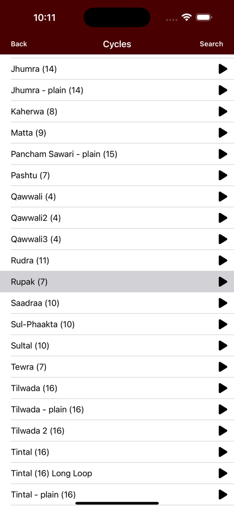 iShala - Une liste de cycles rythmiques et d'options de taal de musique classique indienne dans l'interface de l'application iShala