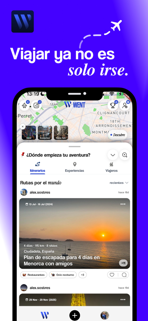 Mobile screen of the Went travel app showing a map and a user feed with a 4-day itinerary in Menorca.