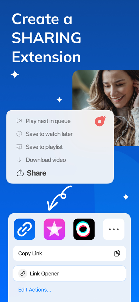 A screenshot showing how to use the Link Opener sharing extension within the iOS share sheet to save and open URLs.