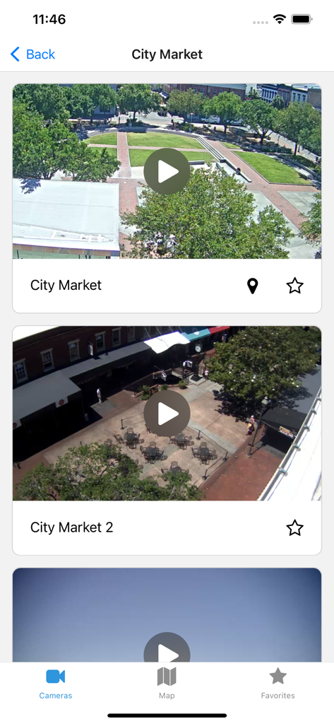 Savannah Cams - Live Views - Savannah Cams app showing a list of live video feeds for City Market