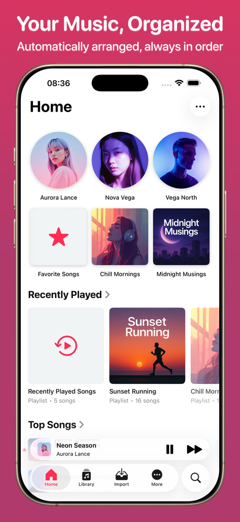 Synic - Offline Music Player - Pantalla de inicio de la aplicación Synic para reproductor de música offline mostrando una biblioteca de música organizada con perfiles de artistas y listas de reproducción personalizadas