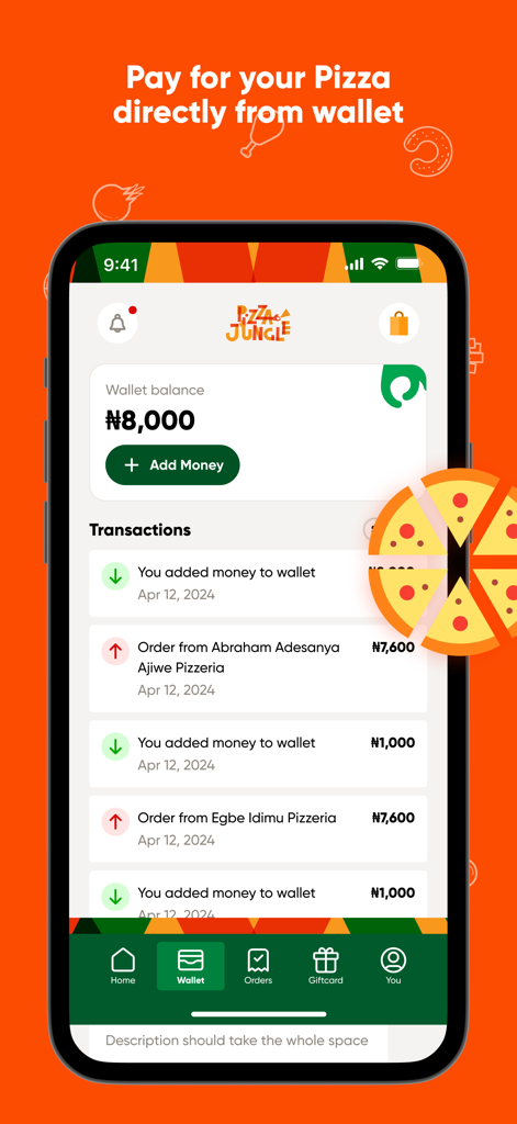 Pizza Jungle - Interface of the Pizza Jungle app wallet showing current balance and a list of recent transactions.