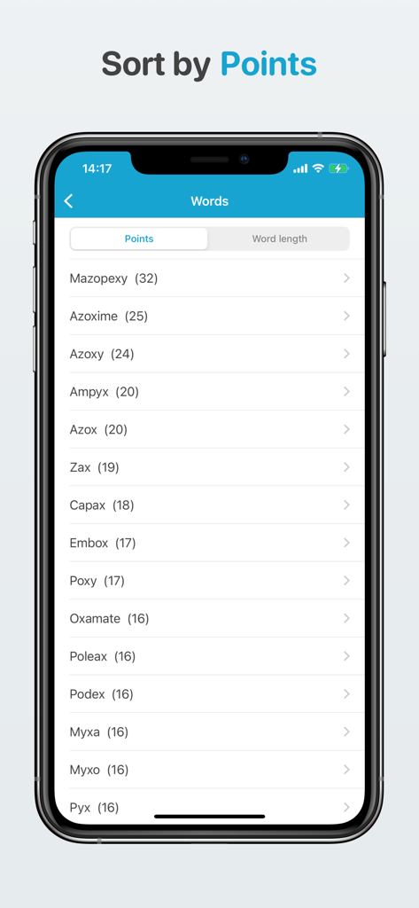 Screenshot of WordFeud Helper app showing a list of words sorted by highest points