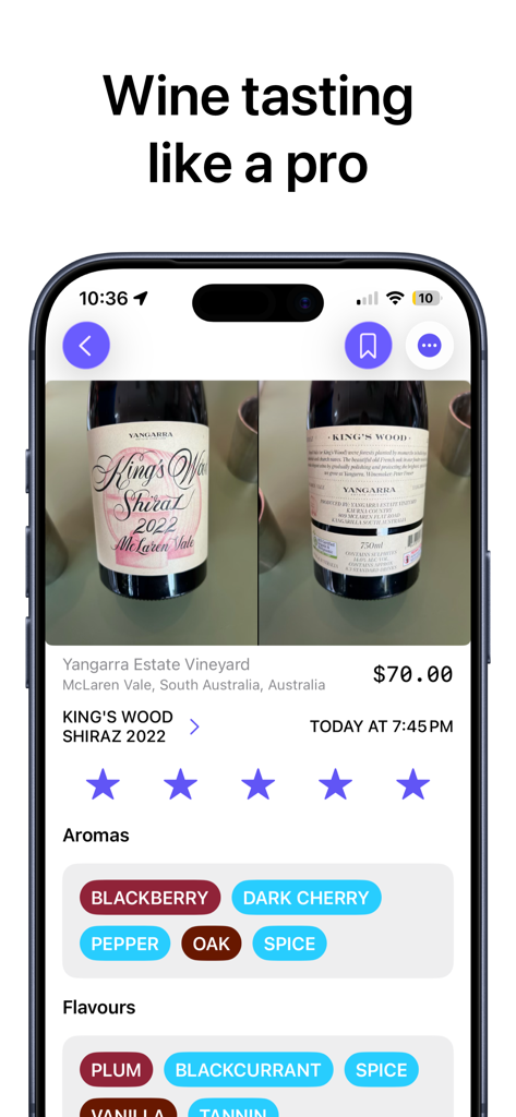 gotBottle: Wine Notes - A mobile app screen showing detailed wine tasting notes for a Shiraz including ratings and specific aroma and flavor tags.