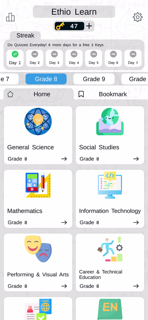 Ethio Learn Grade 7-12 Quizzes - Ethio Learn app home screen displaying Grade 8 subjects including General Science, Mathematics, and Social Studies with a daily streak tracker.