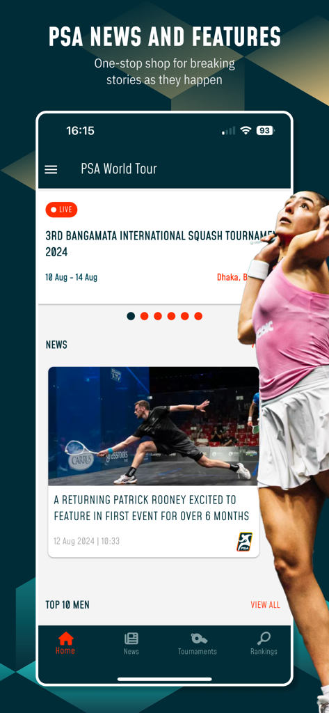PSA Squash Tour app home screen showing latest news and live tournament updates.