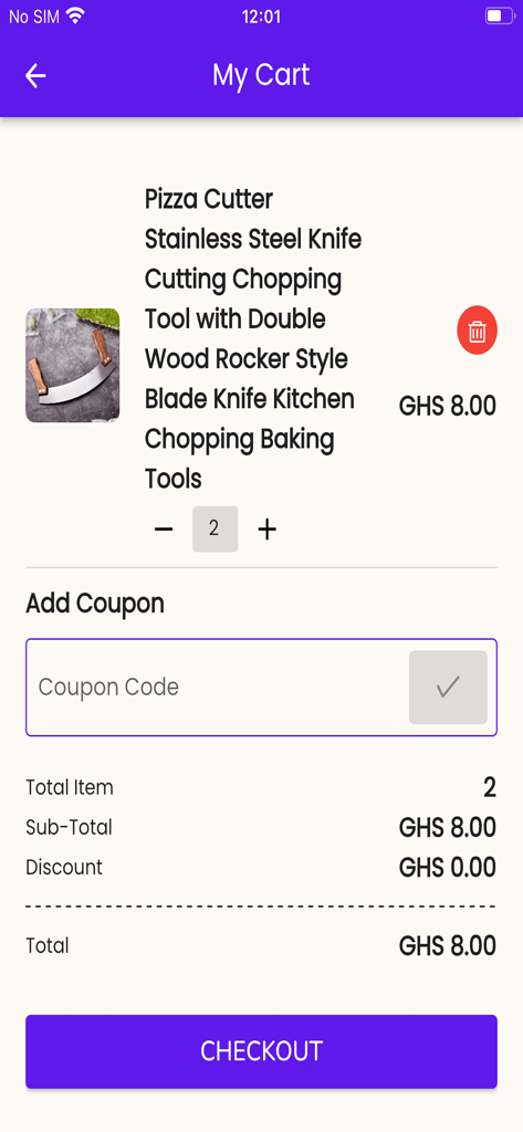 Pantalla del carrito de compras de la aplicación Glover mostrando un resumen del artículo cortador de pizza y el botón de pago
