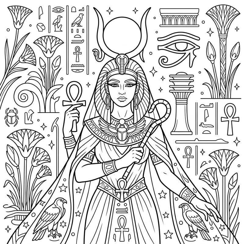 Step into the mystical world of Ancient Egypt with this captivating coloring template featuring a powerful goddess. Surrounded by iconic symbols, this design invites you to bring ancient history to life with your colors.