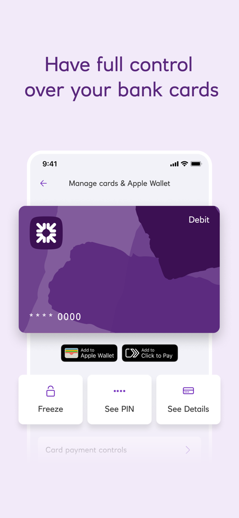 Ulster Bank NI Mobile Banking - Ulster Bank NI mobile app interface for managing bank cards with options to freeze the card and see the PIN