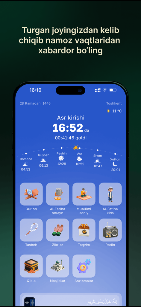 Al Quran App-Oberfläche, die Gebetszeiten und islamische Funktionen auf Usbekisch zeigt.