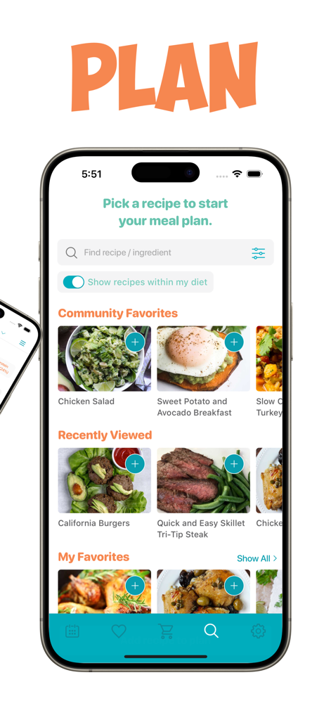 Real Plans - Meal Planner - Real Plans app interface showing recipe categories like community favorites and recently viewed to start a meal plan