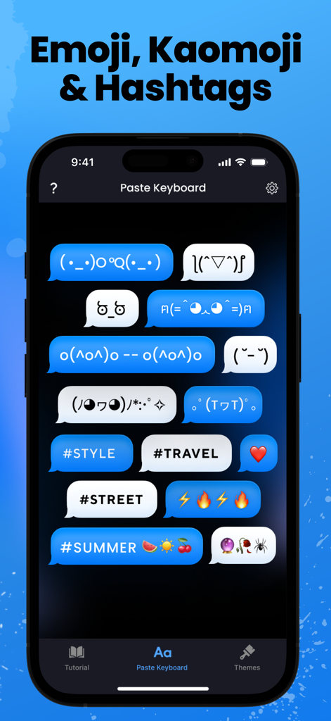 Fonts＋Font Keyboard for iPhone - Fonts+アプリのスクリーンショット。ペーストキーボード機能に、STYLEやTRAVELのようなさまざまな顔文字、絵文字、スタイリッシュなハッシュタグが表示されています。