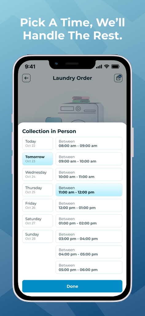 DryX - Interface of the DryX app showing a list of dates and time slots for laundry collection
