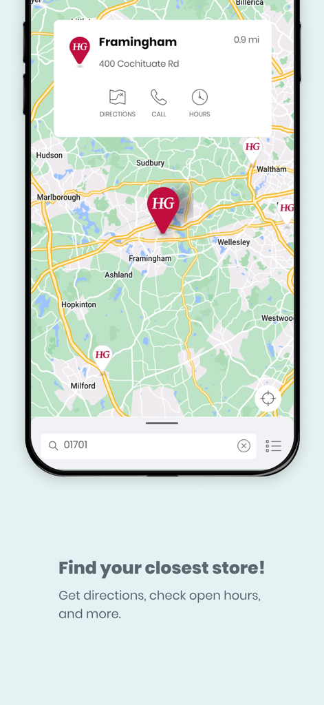 HomeGoods mobile app store locator map showing local store addresses and directions