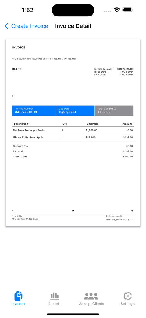 Simple Invoice Makerモバイルアプリに表示された、クリーンでプロフェッショナルなビジネス請求書