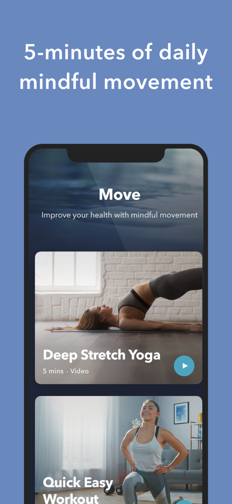 Simple Habit app interface showcasing five minute mindful movement sessions including deep stretch yoga and quick easy workouts