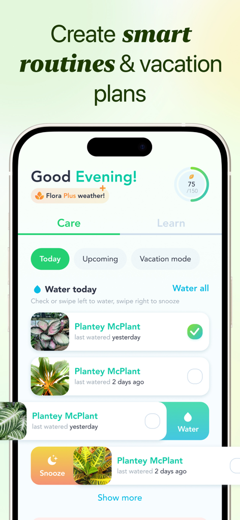 Flora - Plant ID & Diagnosis - A smartphone interface showing the Flora app dashboard with daily plant watering routines and vacation mode settings.