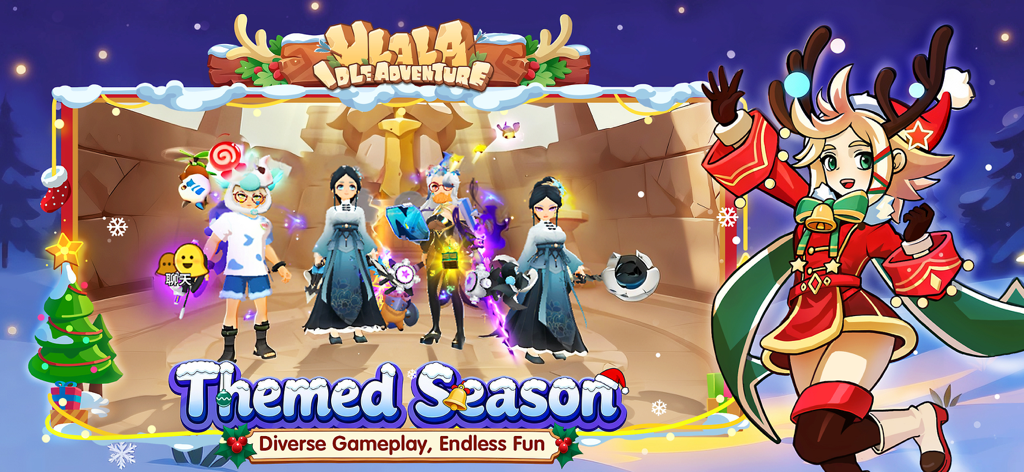 Ulala: Idle Adventure - Four characters in winter holiday costumes for the Ulala Idle Adventure themed season event
