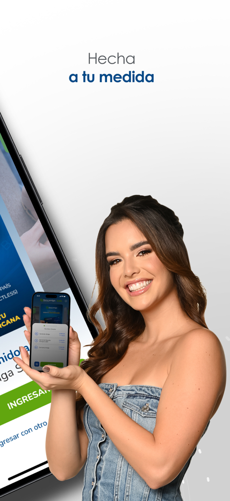 Bancamiga Suite - A smiling young woman holding a smartphone displaying the Bancamiga Suite mobile banking app interface.