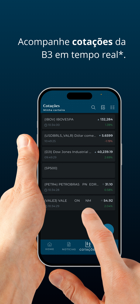 Valor PRO 앱에서 실시간 B3 주식 시장 시세를 표시하는 스마트폰