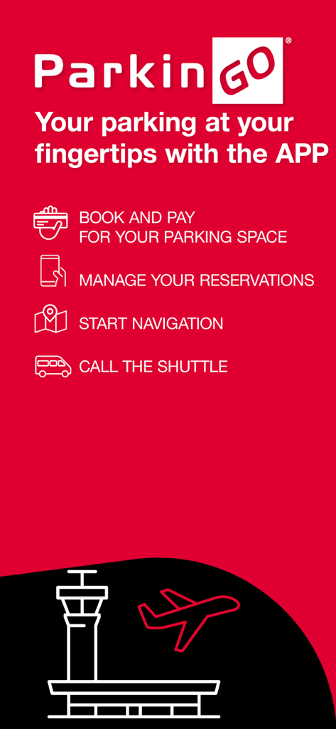ParkinGO - ParkinGO app interface highlighting parking booking and shuttle service options