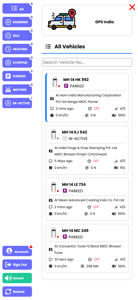 GPS India - Fleet management dashboard of GPS India app showing real-time vehicle tracking data.