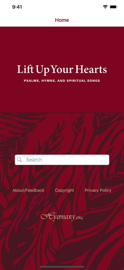 Lift Up Your Hearts Hymnal - Home screen of the Lift Up Your Hearts Hymnal app featuring a central search bar on a deep red patterned background.