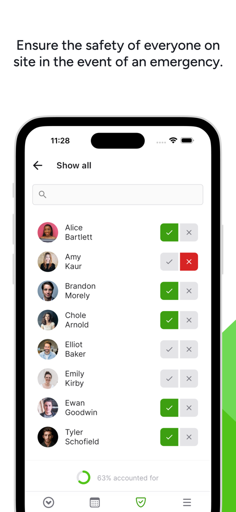 Sign In Companion - Ein Bildschirm zur Sicherheitsabfrage am Arbeitsplatz in einer mobilen App, der eine Liste von Mitarbeitern und ihren Status während eines Notfalls anzeigt.