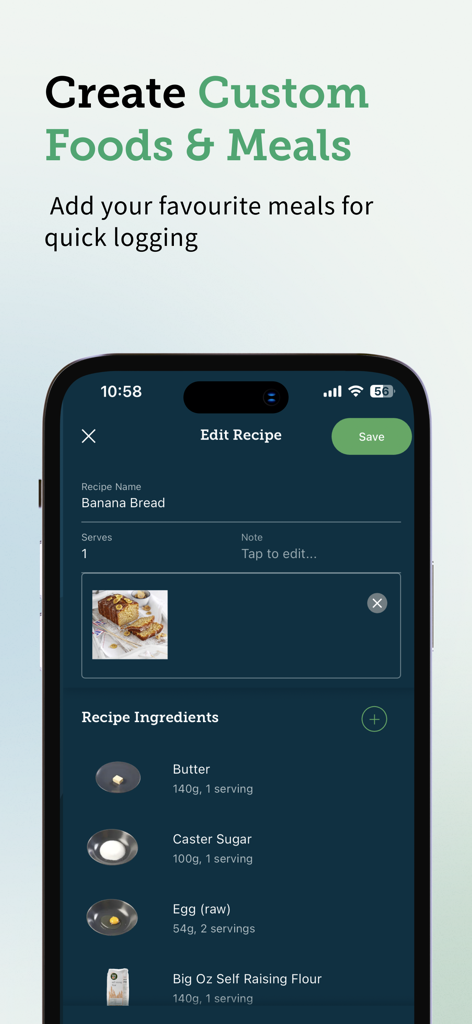 Carbs & Cals: Diet & Diabetes - A mobile phone screen showing the Carbs and Cals app interface for creating a custom banana bread recipe with specific ingredients and weights.