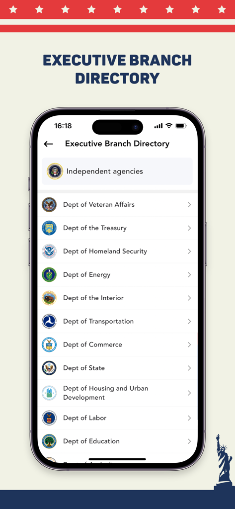 MAGA - Trump Tracker App - Captura de pantalla de la pantalla del Directorio de la Rama Ejecutiva en la aplicación MAGA que enumera varios departamentos del gobierno de EE. UU.