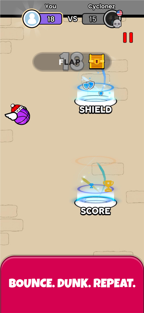 A competitive multiplayer match in Flappy Dunk showing a purple winged basketball flying towards hoops labeled shield and score.
