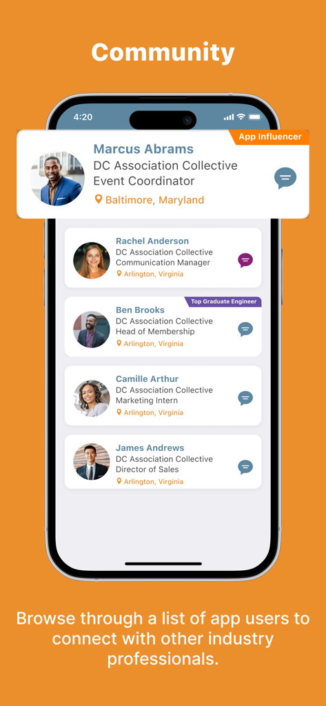 AMTConnect - A professional community directory screen in the AMTConnect app showing a list of healthcare members for networking.