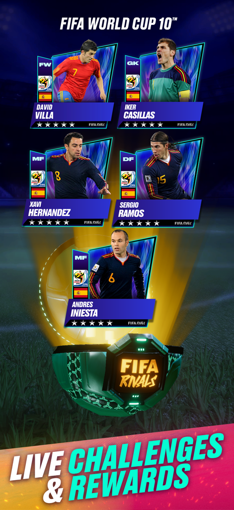 Pantalla del juego móvil FIFA Rivals mostrando cartas de jugadores legendarios de la Copa del Mundo de la FIFA 2010 y recompensas de desafíos en vivo.