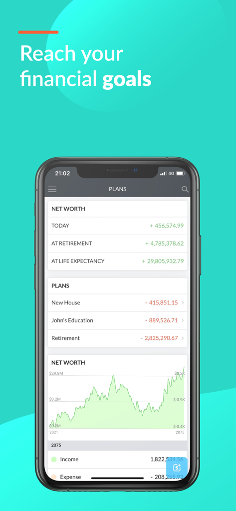 Buxfer app screen showing net worth projections and financial goals like retirement and education.