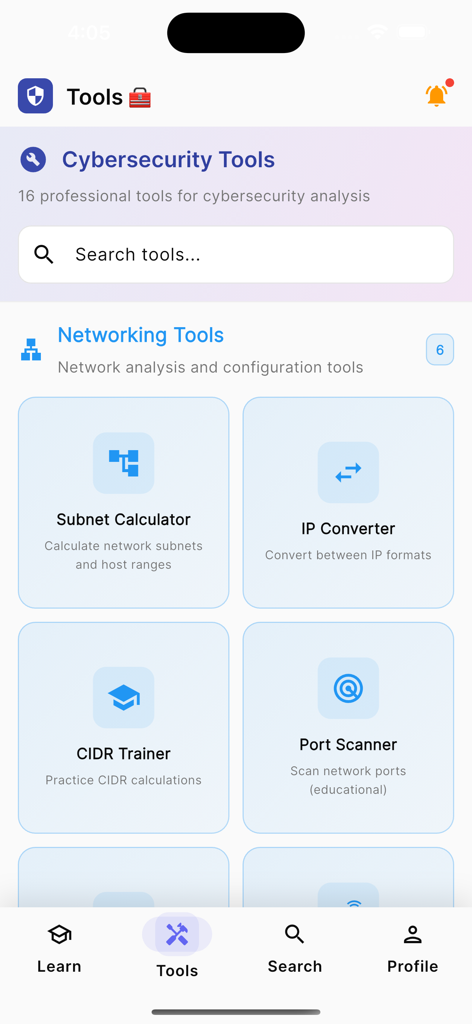 Oberfläche der Cybersicherheits-App mit Netzwerk-Tools, einschließlich Subnetz-Rechner, IP-Konverter, CIDR-Trainer und Port-Scanner