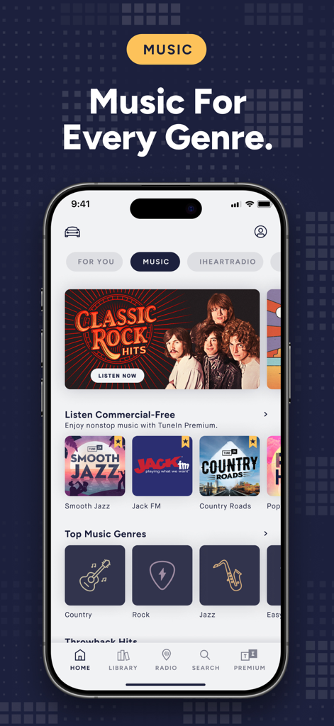 TuneIn Radio mobile app interface displaying music genres and commercial free radio stations