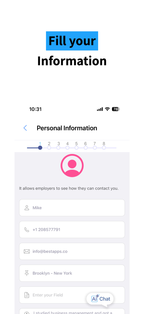 ResuME Maker - CV Jobs Builder - Personal information entry form in the ResuME Maker app showing fields for name phone and location
