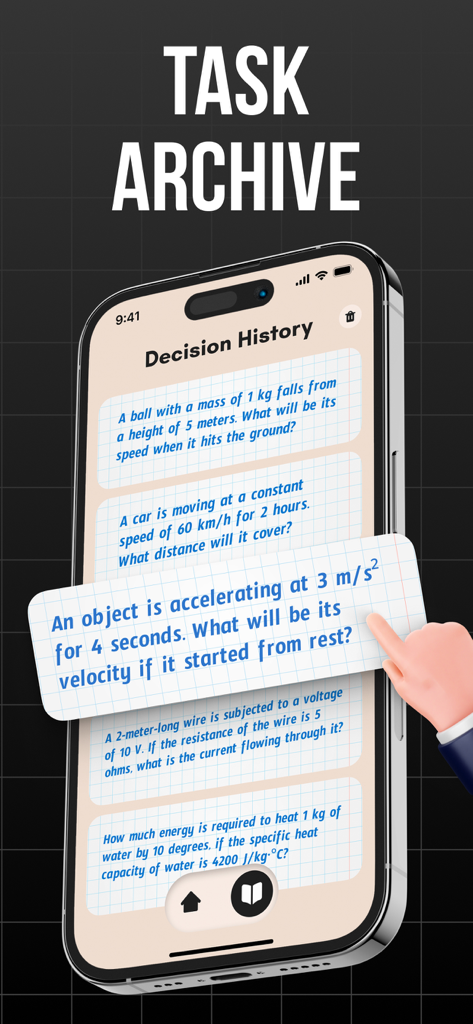 Physics Solver app task archive displaying previously solved physics questions