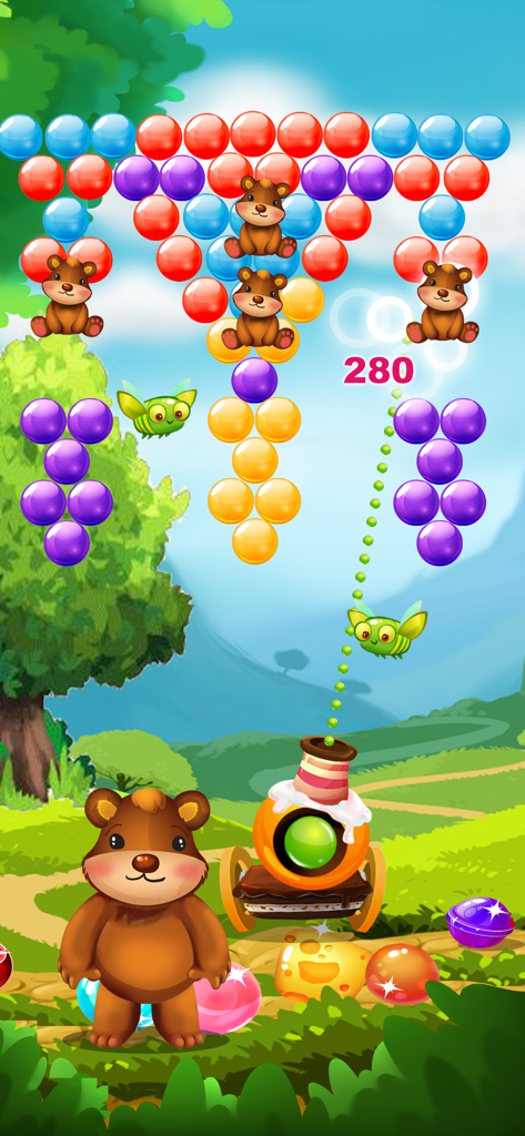 Bubble Candy: Bubble Shooting - A colorful bubble shooter game featuring a cute bear and candy themed bubbles in a forest setting