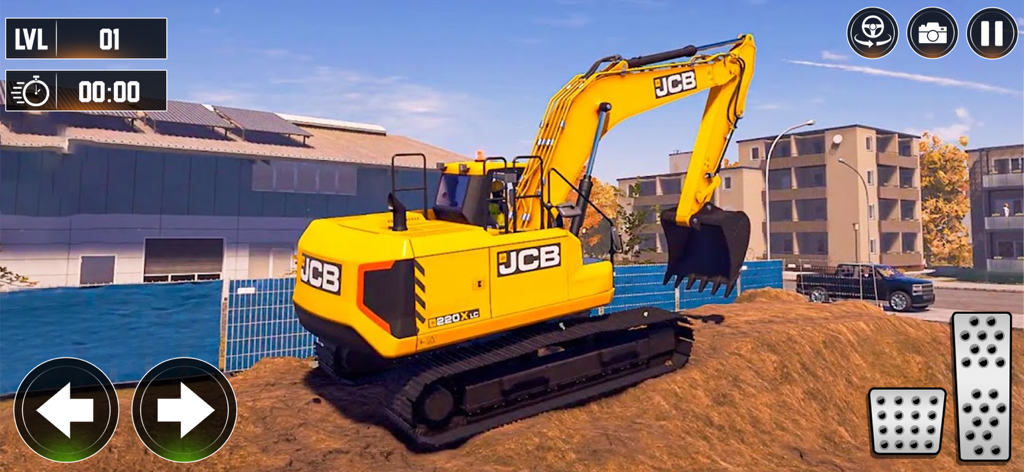 Road Construction Sim Games 3D - A yellow JCB heavy excavator operating on a dirt mound in a 3D construction simulation game environment