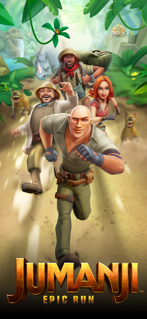 Personajes principales de Jumanji Epic Run corriendo por un paisaje selvático con animales.