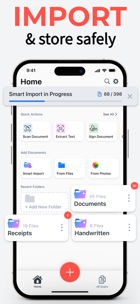 DocScan – PDF Document Scanner - iPhone screen showing DocScan app home interface with smart import progress and organized folders for documents and receipts