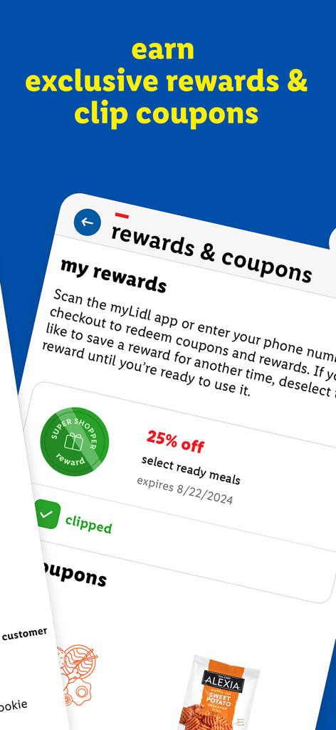 myLidl - myLidl app interface showing exclusive rewards and a clipped 25 percent discount coupon for ready meals.
